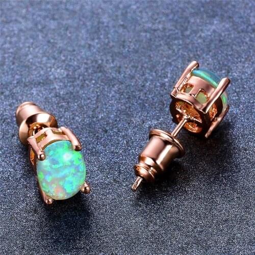 Boho Female White Blue Green Fire Opal Earrings Rose Gold Silver Color Small Oval Stud Earrings For Women