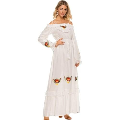 Sexy Off Shoulder Women Long Dress Slash Neck Bohemian Style Embroidery Lace Ethnic Summer Sundress Loose Casual Beach Dress New