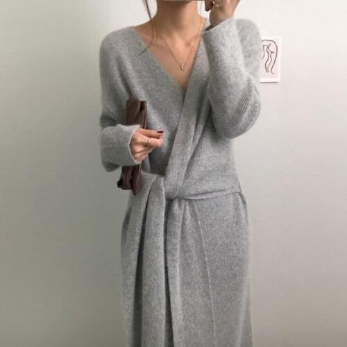 Woman Solid Grey Apricot Korean V Neck Jumper Dresses Pollover Casual New Thick Winter Warm Knitted Sweater Dress Women 2021