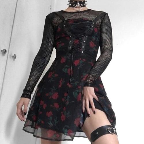 Dark Goth Gothic Aesthetic Floral Print Dresses Women Chiffon Grunge Lace Up Black Dress E-girl Vintage Partywear Alt Clothes