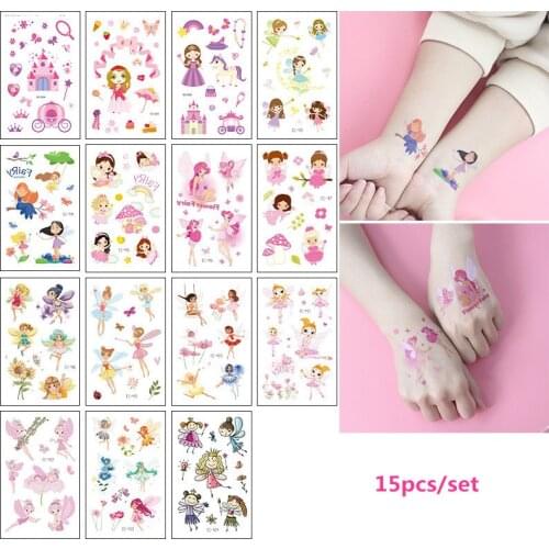 15pcs/set Temporary Tattoo Sticker Fairy Unicorn Mermaid Animal Car Fruit Space Fake Kids Tattoo Girl Boy Tatuaze Dla Dzieci