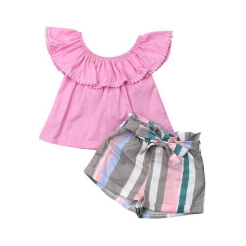 2Pcs Toddler Kids Lace Striped Sunsuit Clothes Baby Girl Summer Ruffles Clothes T-shirt Tops+Shorts Pants Casual Outfits Set