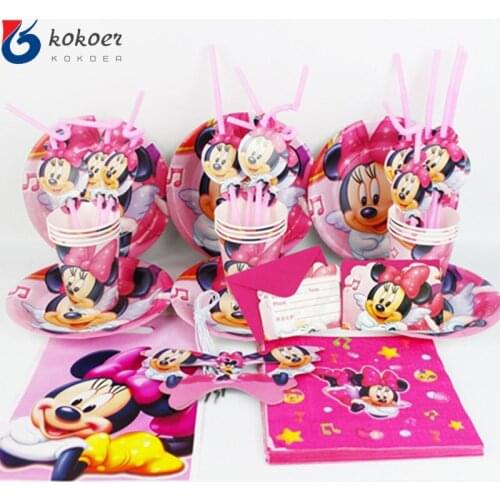 92pcs Minnie Mouse Party Decorations Kids Disposable Tableware Set Paper Napkins Straws Plate Cup Minnie Mouse Party Supplies