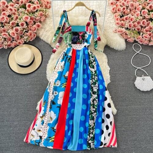 Amolapha Women Vintage Print Elegant Long Dress Female Korean Slim Waist Big Swing Ankle-length Beach Casual Party Vestidos