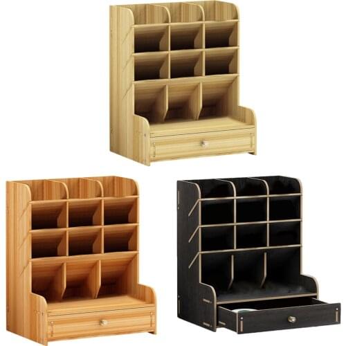 Wooden Desk Organizer Multi-Functional DIY Pen Pencil Crayon Holder Storage Rack Box with Drawer for Office School Home Supplies