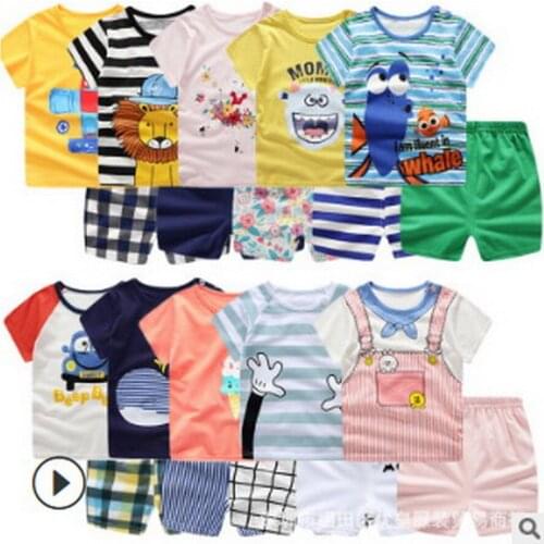 DHL 50set summer baby costume fashion cartoon print baby boys & girls clothes sets cotton 2-8Y clothing sets for baby