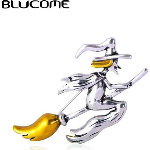 Blucome Enamel Flight Witch Riding A Broom Brooches Magical Halloween Gift Top Quality Yellow Hair Hat Brooch Women Accessories