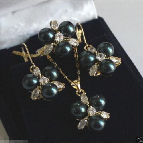 Hot sell new - Fashion 8mm Black South Sea Shell Pearl GP Crystal Earring Pendant Ring Set ^^^@^Noble style Natural Fine jewe