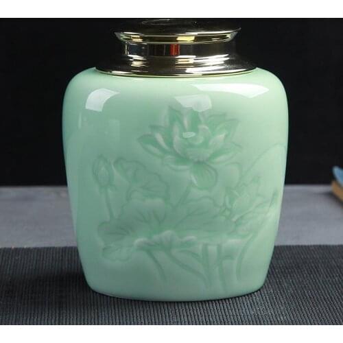 Chinese Ceramic Green Lotus Tea Caddies Canister Kung Fu Tea Set Accessories Tea Jar Cans Box For Home Or Office Teaware