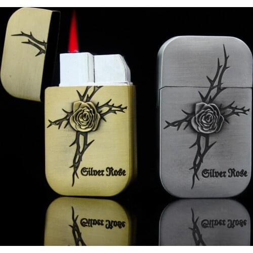 Creative metal ultra-thin windproof butane gas inflatable lighter red flame flower pattern embossed smoking set cigar tool