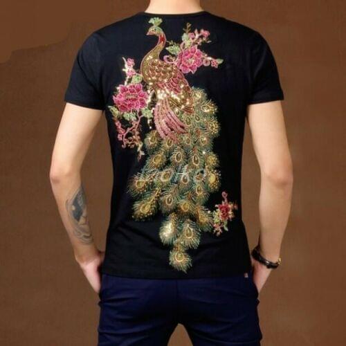Hot Men Floral Peacock Embroidery Round Collar Short Sleeve T-shirts Top
