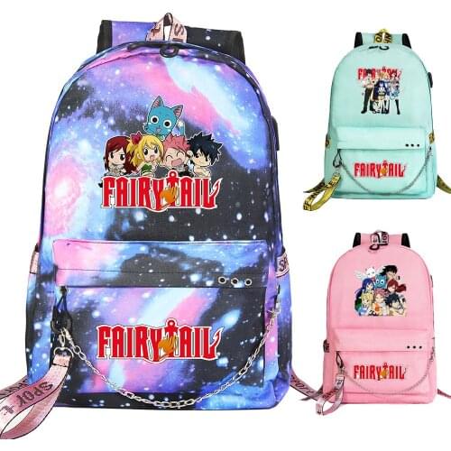 New Cartoon Boys Girls Kids School bag Kawaii Fairy Tail Prints Women USB Chain Backpack Canvas Men Bagpack Packsack Bookbag