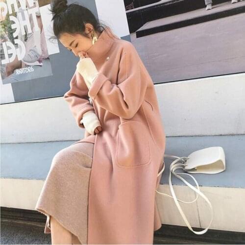 Korean Elegant Female Long Woolen Warmness Outerwear 2020 Autumn Winter Wool Blends Pearl Buckle Loose Solid Simple Coat Z580