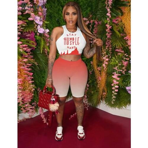RMSFE 2021 Summer Sports Simple Preppy Style Sleeveless Letter Print Tight Short Tank Top + Gradient Elastic Shorts 2 Piece Set