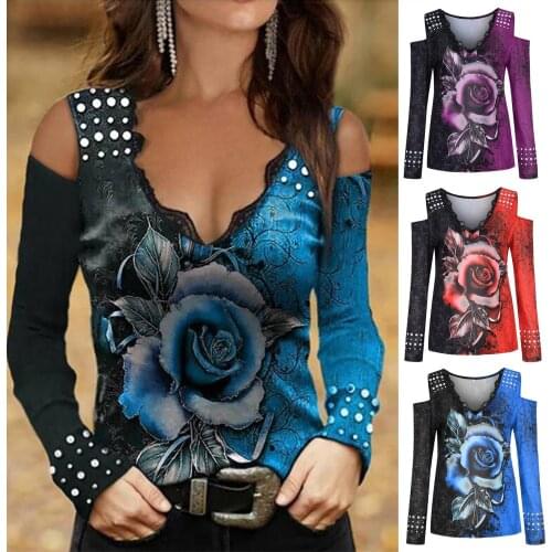 Sexy Lace Off Shoulder Tops Ladies Rose Print Fashion Daily V-Neck Tee Shirt 2021 New Women Long Sleeve Slim Blouse Fall Blusa