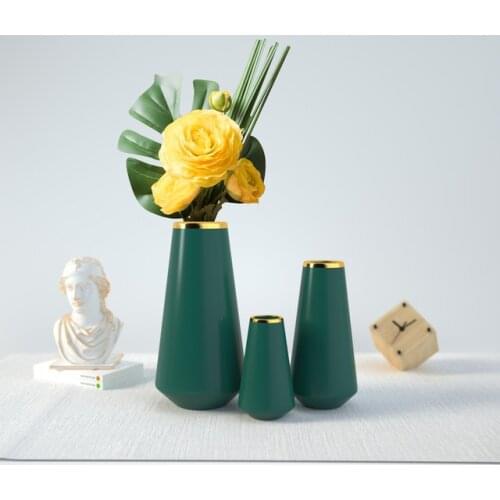 Modern Luxury Dark Green Gold Ceramic Vase Feng shui Home room Artificial Flower Arrangement Decoration Dining Table Accessories