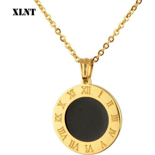XLNT Famous Brand Stainless Steel Roman Numerals Love Circle Round Pendant Necklaces Women Wedding Party Gift