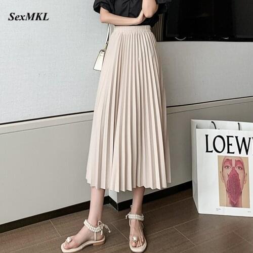 2021 Summer Women Casual Pleated Skirt Elegant Elastic High Waist Long Skirt Female Korean Clothes Sexy Black Office Midi Skirt