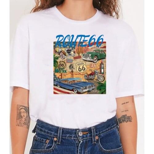 Women O-neck T Shirt Route66 Printing Casual Cotton Tops Fashion Tees