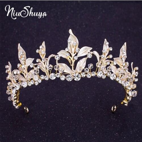 NiuShuya Gold Leaf Floral Wedding Tiara Hair Crown Rhinestone Accessories Handmade Bridal Headband Women Party Headpiece