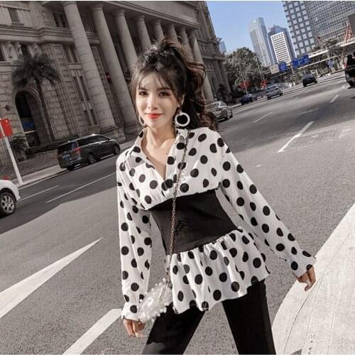 Autumn Style Fashion Brands Womens Clothing Blouses Slim Fit Fake Two Pieces Chiffon Shirts Female Polka Dot V-neck Tops New