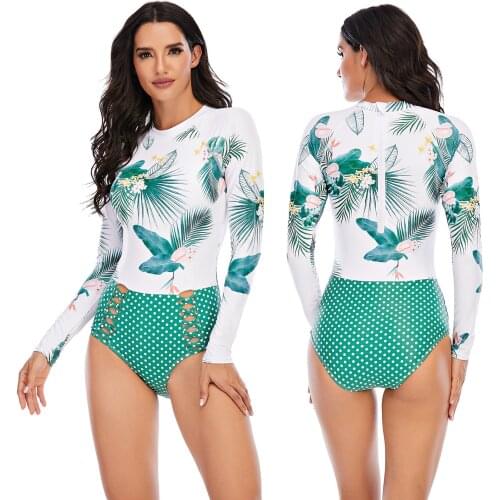 Split Swim Wear Women One Piece Long Sleeve Swimwear Swimsuit Rash Guard Bathing Suit Pad Surfing Suit Bikini Diving 05