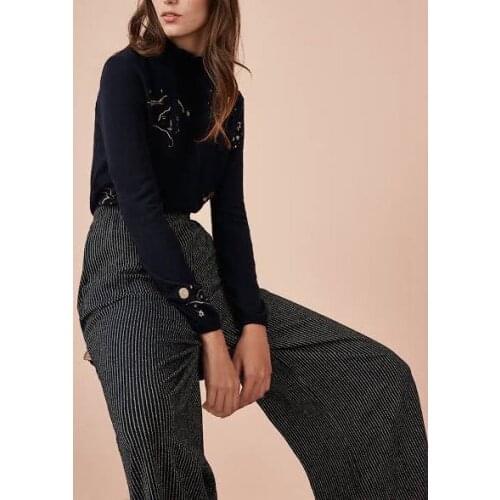 Women Pants Mixed Gold Silk Classic Striped Elastic High Waist Straight Casual Wide-leg Pants Autumn