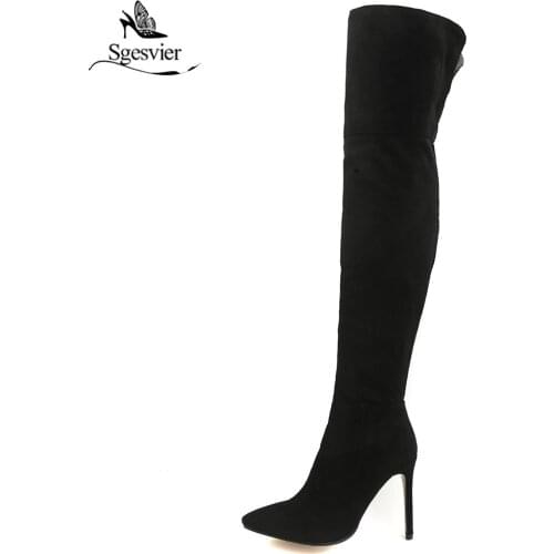 Sgesvier Women Stiletto Boots Thin High Heel Zipper Long Botas Feminina Womens Sexy Slim Over the Knee Boots Size 32-46 OX962