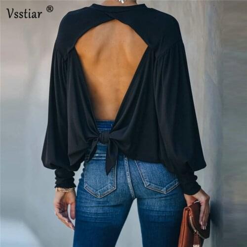 Backless Women Tops Black Sexy O Neck Long Sleeve Casual Plus Size Female Blouse New Fashion Bow Loose Party Shirts