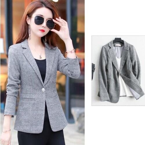 Autumn Casual Women Formal Blazers And Jacket Plaid Long Sleeve Retro Coat Notched One Button Office Lady Blezer Feminina Winter