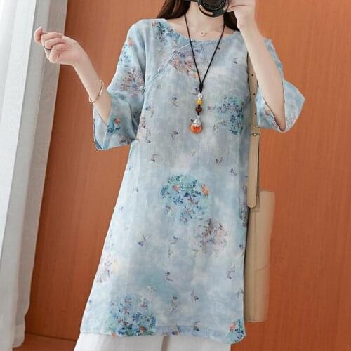 Summer New Retro Ethnic Style Ramie Top for Women Chinese Style Elegant Half Sleeve Floral Print Slim Fit Long Shirt Hanfu