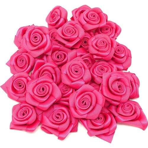 100pcs Fuchsia Pink 25mm Satin Ribbon Rose Flowers Wedding Bouquet Flower Decorations Embellishments