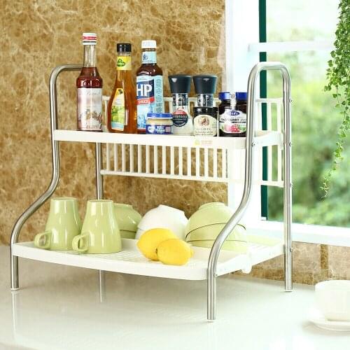 2-Tier Plate Dish Bowl Cutlery Cup Rack With Tray Stainless Steel Drainboard Design Kitchen Spice Storage Rack Organizer DQ1001