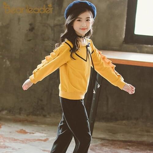 Bear Leader Teenager Girls Sets 2021 Autumn Brand New Fashion children Clothing Bow-knot Collar Shirt Top Casual Pant 4-13Y Kid