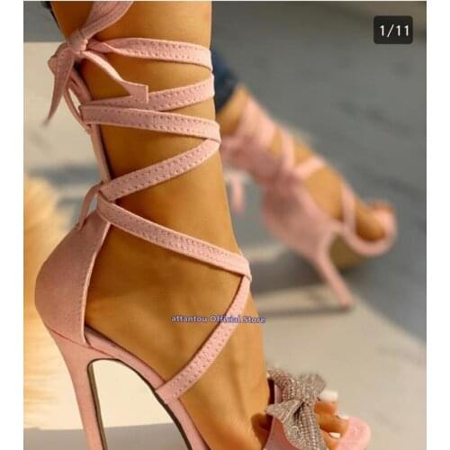 New Spring Summer Lace Up Lovely Pink Leather Bowtie Ankle Wrapped Cross Band High Heel Sandals Women Summer Dress shoes
