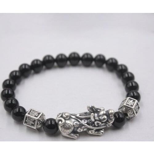 NEW 925 Sterling Silver Bracelet Fine Silver Jewelry Luck Bless Pixiu & 8mmW Black Agate Bead Link Bracelet Gift For Women 6.3"L