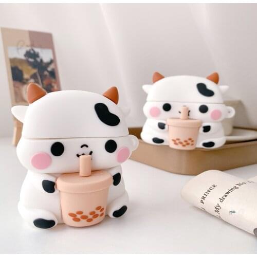 Cute Milk Tea Cow Box For AirPods 1 2 Pro Case Cartoon 3D Cow Cattle Soft Silicone Wireless Bluetooth Earphone Protector Animal