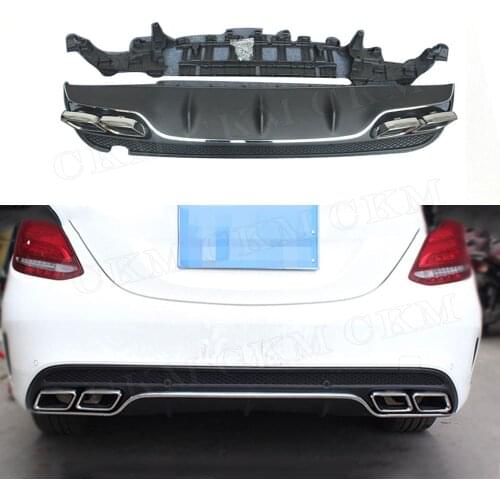 PP Rear Bumper Lip Diffuser with Exhaust Tips 4 Outlet for Benz C Class W205 C200 C220 Sedan 4 Door Change to C63 AMG look 15-17