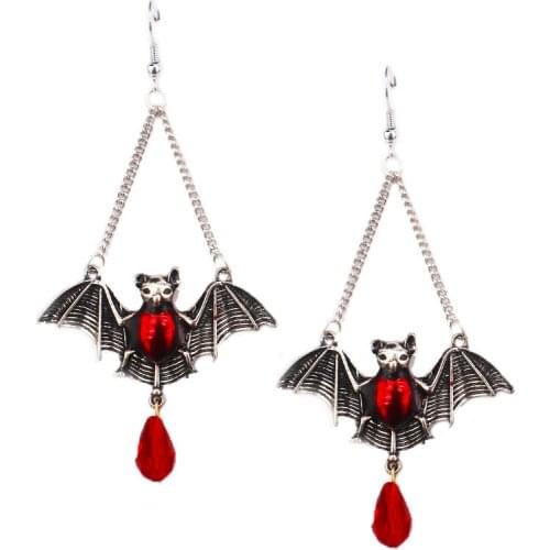 Gothic Exaggeration Red Vampire Bat Drop Earrings Animal Red Blood Glass Dangle Earrings For Women Girls Party Jewelry Halloween