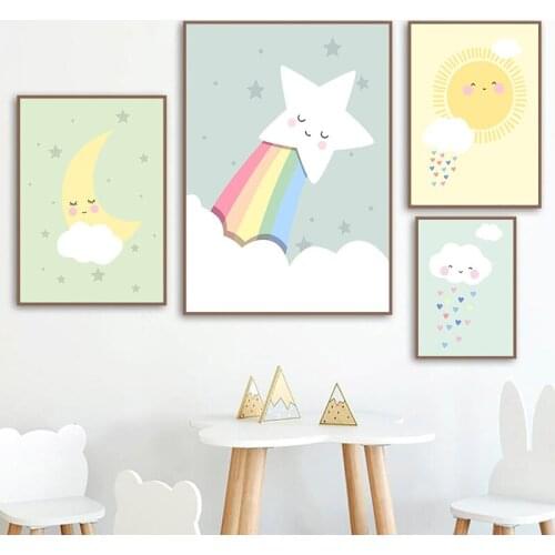 Nordic Style Sun Moon Stars Dark Clouds Rainbow Picture Baby Nursery Cartoon Wall Art Poster Childrens Room Decoration Painting