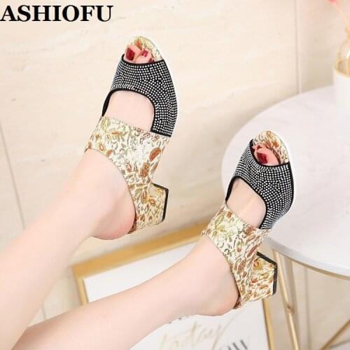 ASHIOFU Classic Handmade Hot Sale Ladies Block Heel Slipper 2020 New Fashion Rhinestone Atmospheric Slippers Party Sexy Shoes