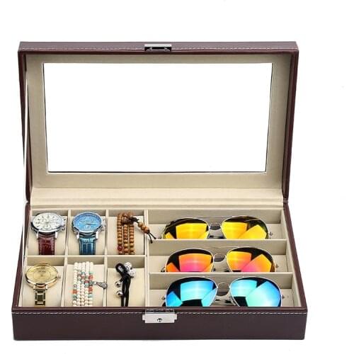 Leather 6 Watch Box Jewelry Case and 3 Piece Eyeglasses Storage and Sunglass Glasses Display Case Organizer Brown Black