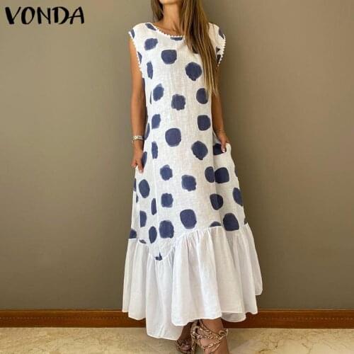 Summer Polka Dot Print Tank Dress 2021 VONDA Women Holiday Sundress Casual Loose Sleeveless Pleated Long Dress Vestido Oversized