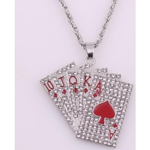 Personality Men Women Enamel Playing Cards Pendants Micro Inlay CZ White Zircon Necklace Trend Men Women Hip Hop Party Jewelry