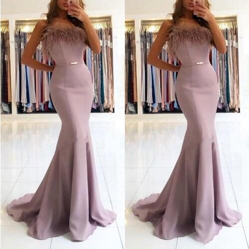 2020 Fashion Strapless Sleeveless Mermaid Prom Dresses Satin Long Formal Evening Gowns Vestidos De Fiesta With Feathers