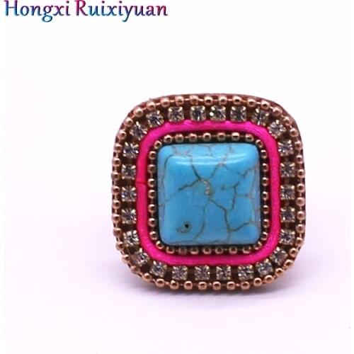 Fashion square ring bohemian geometric stone crystal rhinestone ladies ring charm crystal leather adjustable ring jewelry