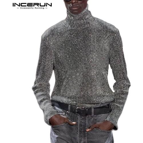 INCERUN Mens Solid T Shirts Long Sleeve Turtle Neck Tops Fashion Nigthclub Party T-shirts High Collar Shiny Clothing Plus Size 7