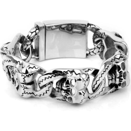 Top Quality Men Titanium Steel Gothic Style Skull Bracelet 316L Stainless Steel Biker Punk Double Skull Design Bracelet
