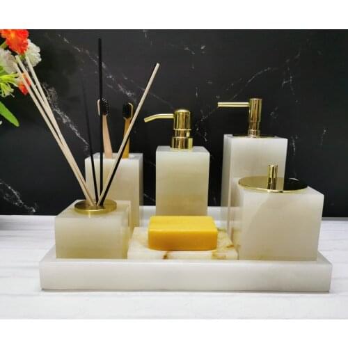 Natural Marble Bathroom Accessories Set Jade Stone Sanitary Ware Set 5pcs Liquid Soap Dispenser Toothbrush Holder Soap Dish