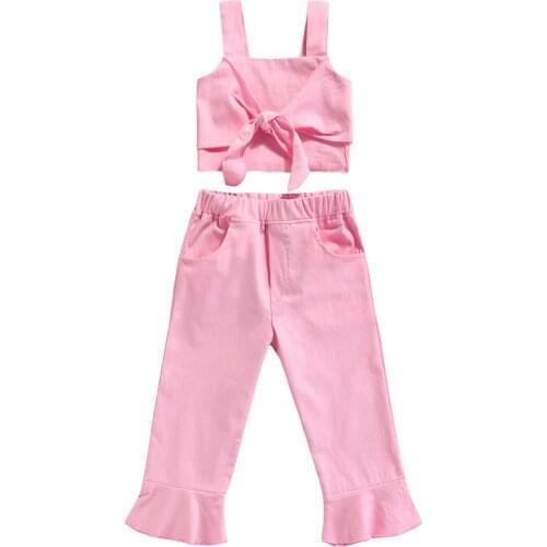New Kids Suit Set, Summer Solid Color Sleeveless Off Shoulder Pullover+ Flared Trousers, Pink, 1-6 Years